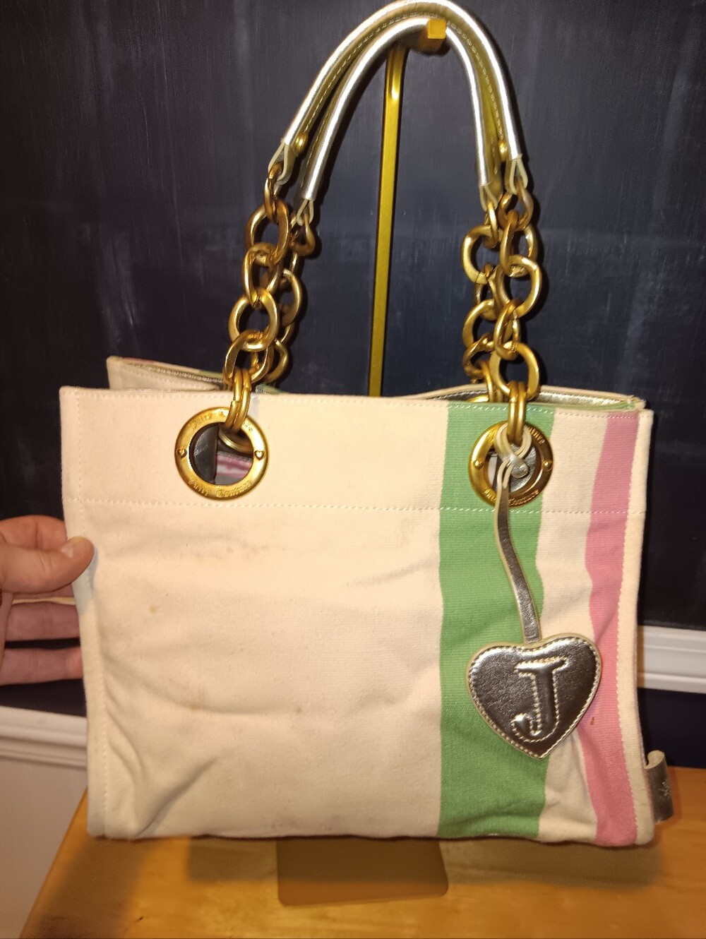 Juicy Couture Vintage Y2k Canvas Striped Chain Tote Bag